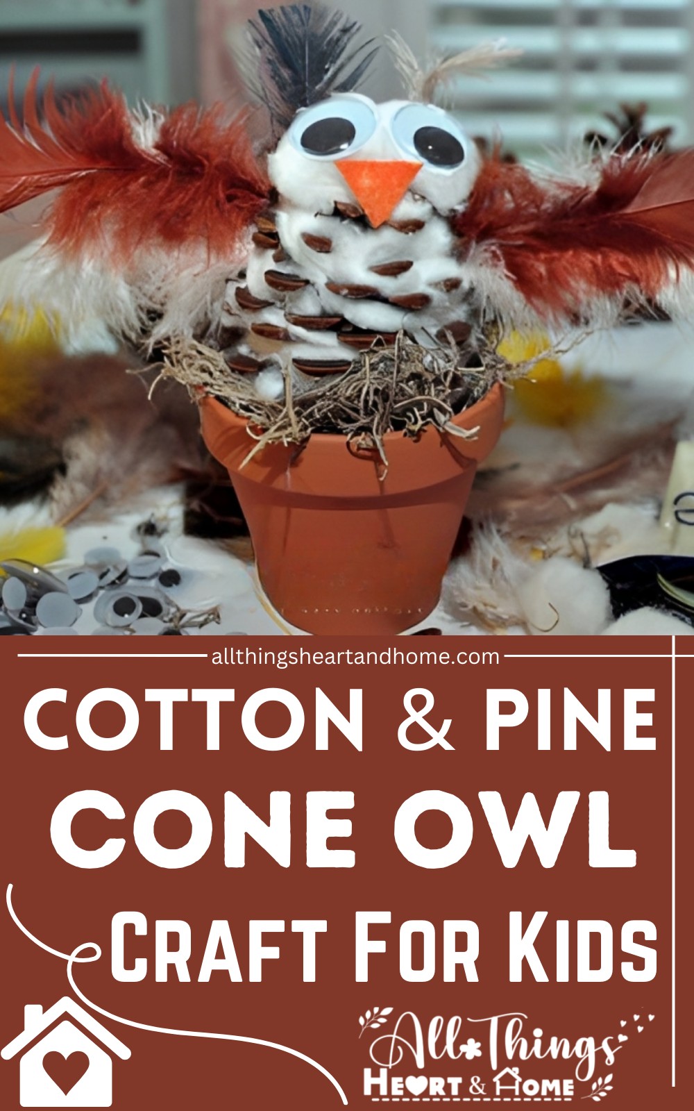 Cotton & Pine Cone Owl Craft For Kids at Fall Party