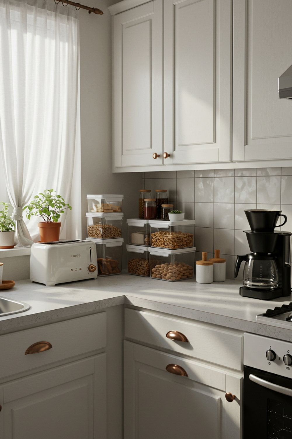 A Bright Cozy Kitchen Corner With White Cabinetry And A Light Countertop