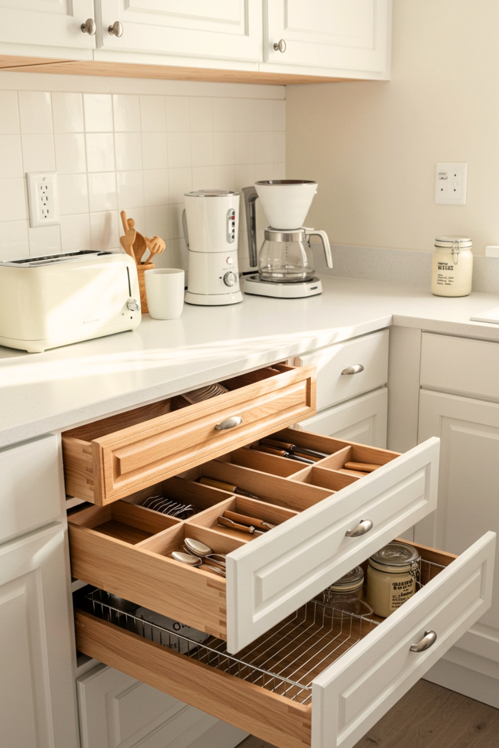 A Bright Cozy Kitchen Scene With White Cabinetry And A Clean White Countertop