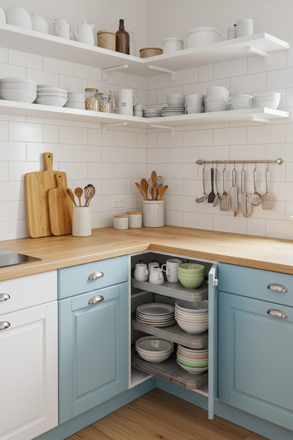 A Bright Cozy Modern Kitchen Corner With Open White Shelves A Light Wood