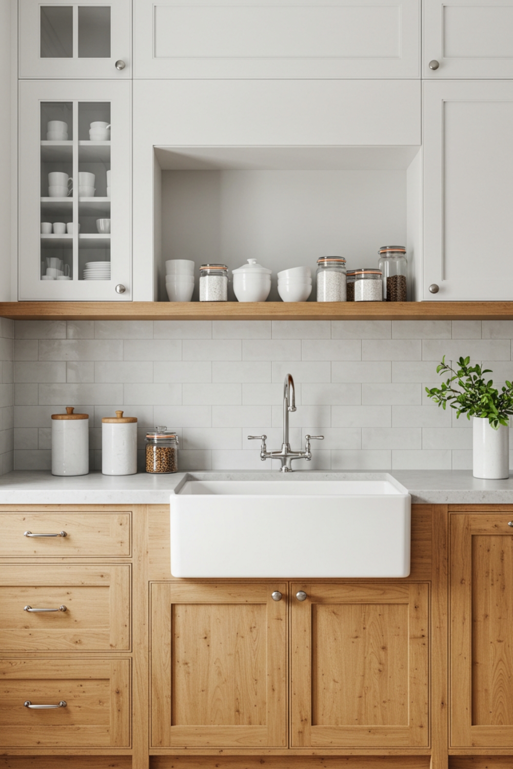 A Bright Minimalist Kitchen Featuring Tall White Upper Cabinets With A Clean