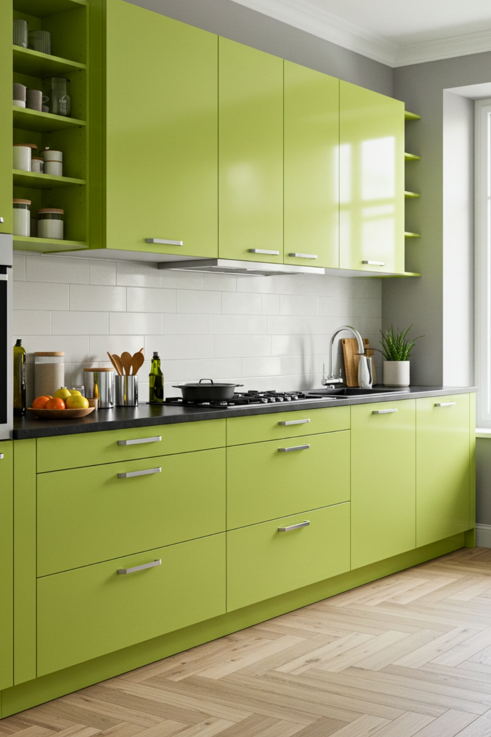 A Bright Modern Kitchen With Glossy Lime Green Cabinetry