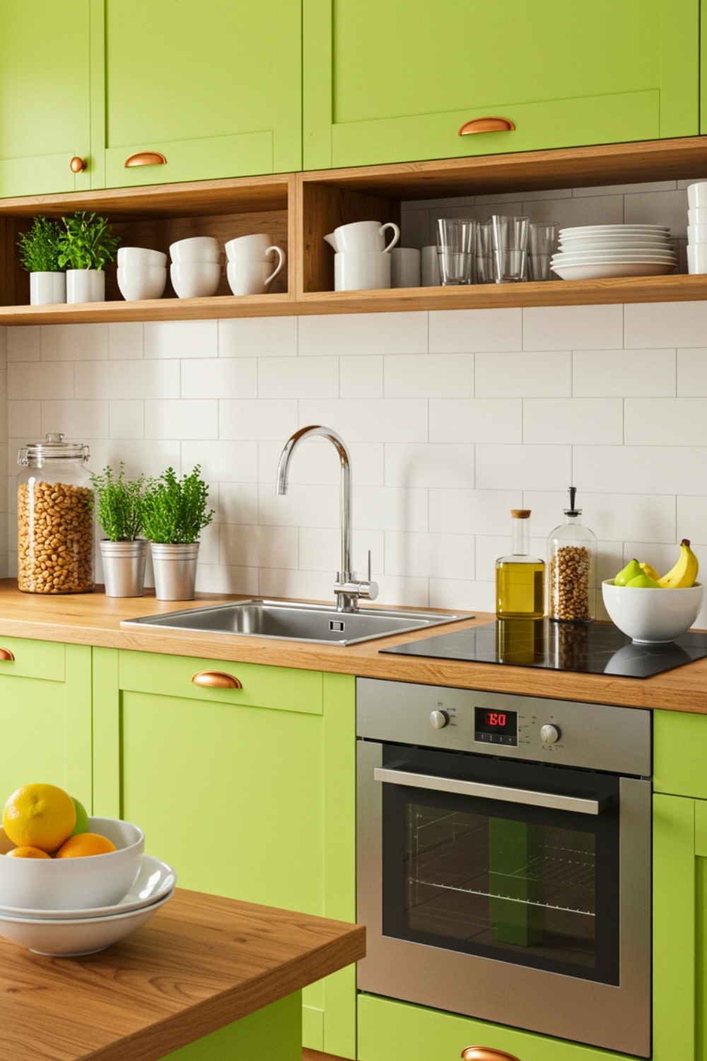 A Bright Modern Kitchen With Lime green Cabinets And Open Wooden Shelves
