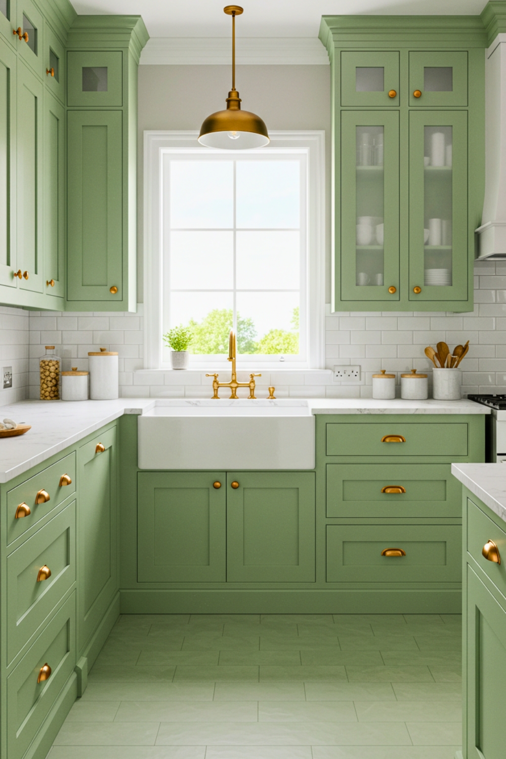 A Bright Modern Kitchen With Sage Green Shaker Cabinets