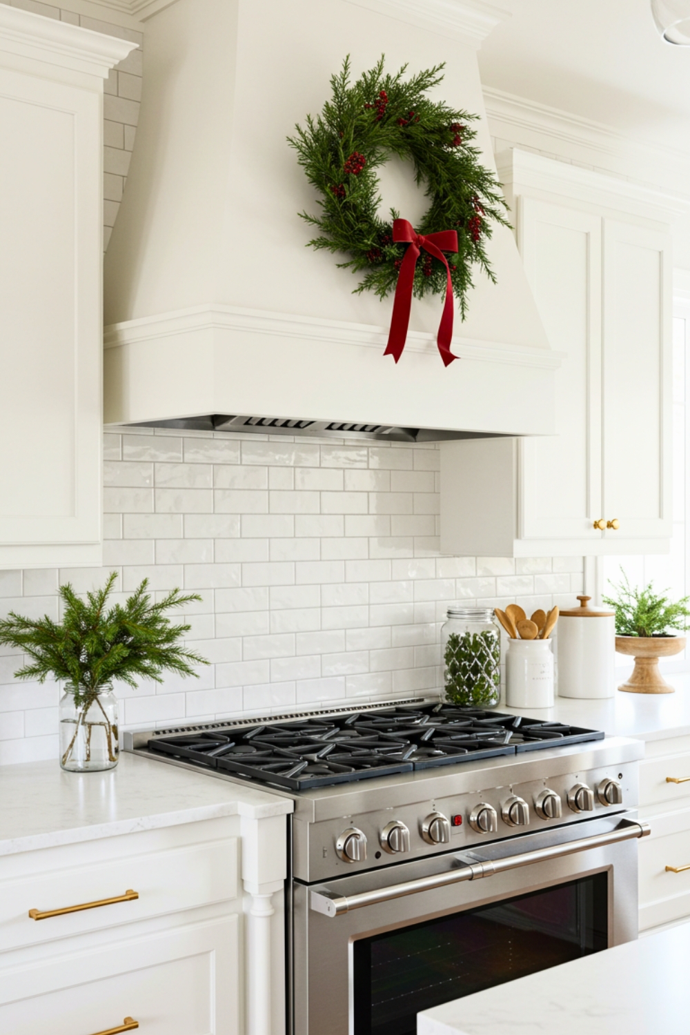 A Bright Modern White Kitchen With Subway Tile Backsplash