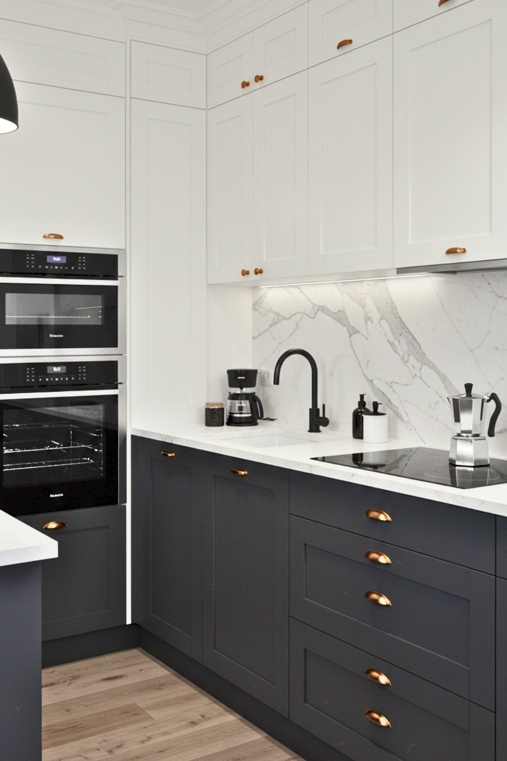 A Chic Minimalist Kitchen In Monochrome White Upper Cabinets