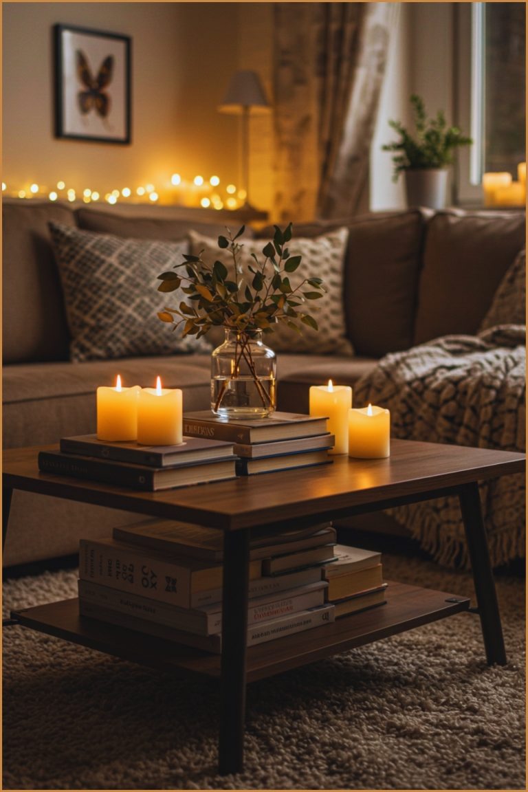 A Cozy Living Room Coffee Table With Stacked Books, Glowing Candles