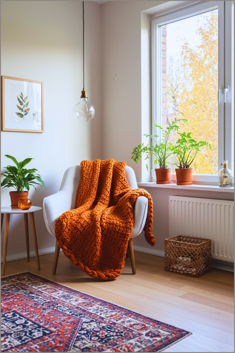 Minimalist Scandinavian Living Room Corner With A White Mid-century Modern Armchair