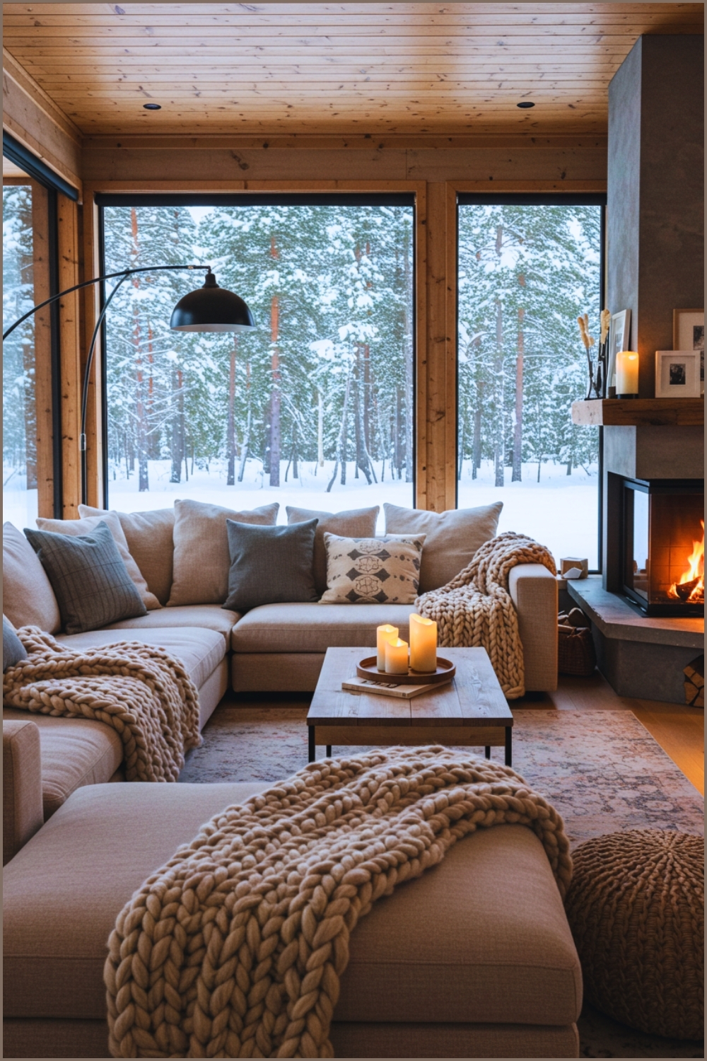 A Cozy Modern Living Room With A Large Sectional Sofa, Chunky Knit Blankets