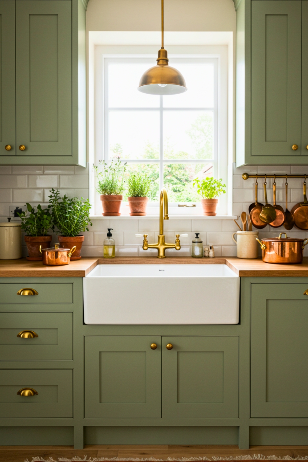 A Cozy Modern Rustic Kitchen With Sage Green Shaker Cabinets Brass Hardware