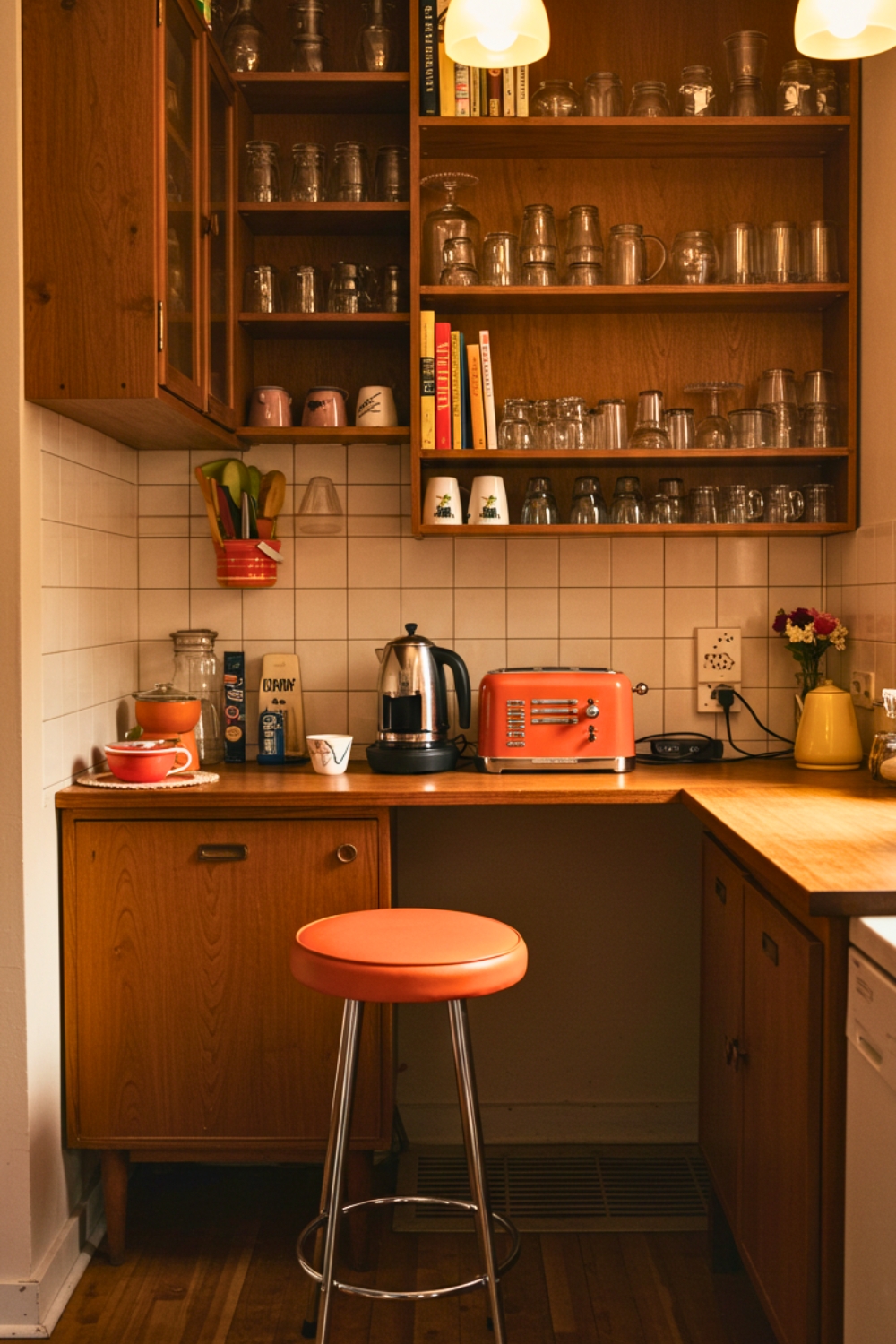 A Cozy Retro Kitchen Nook With Warm Wooden Cabinetry And Shelves