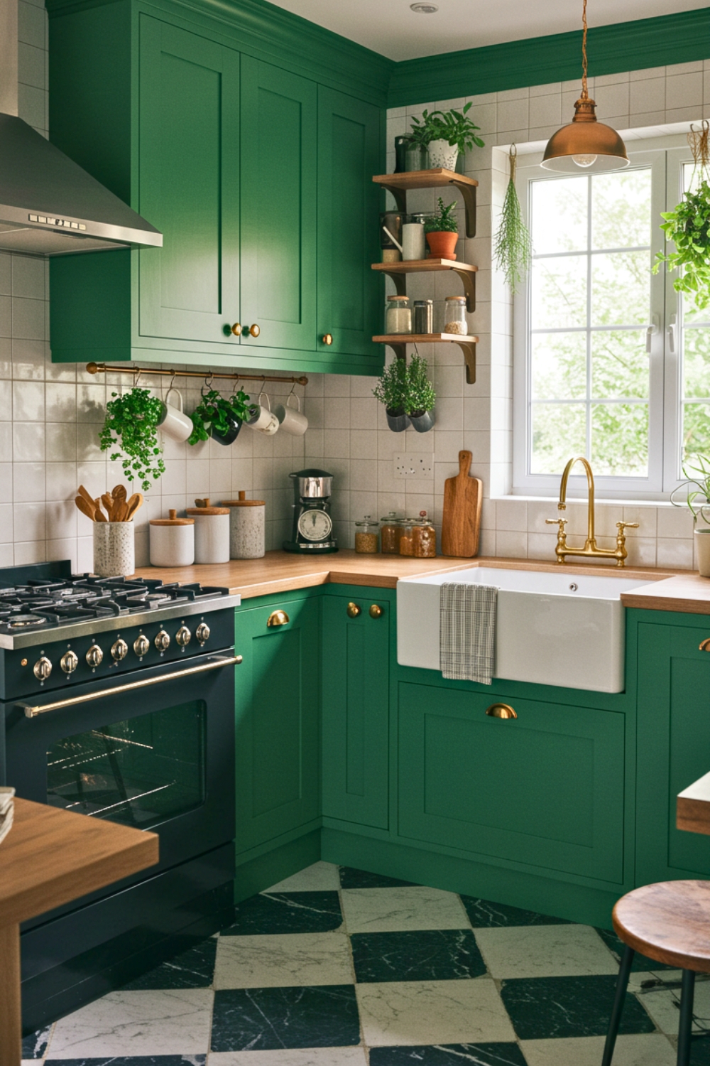 A Cozy Vibrant Green Kitchen With Emerald Green Cabinetry