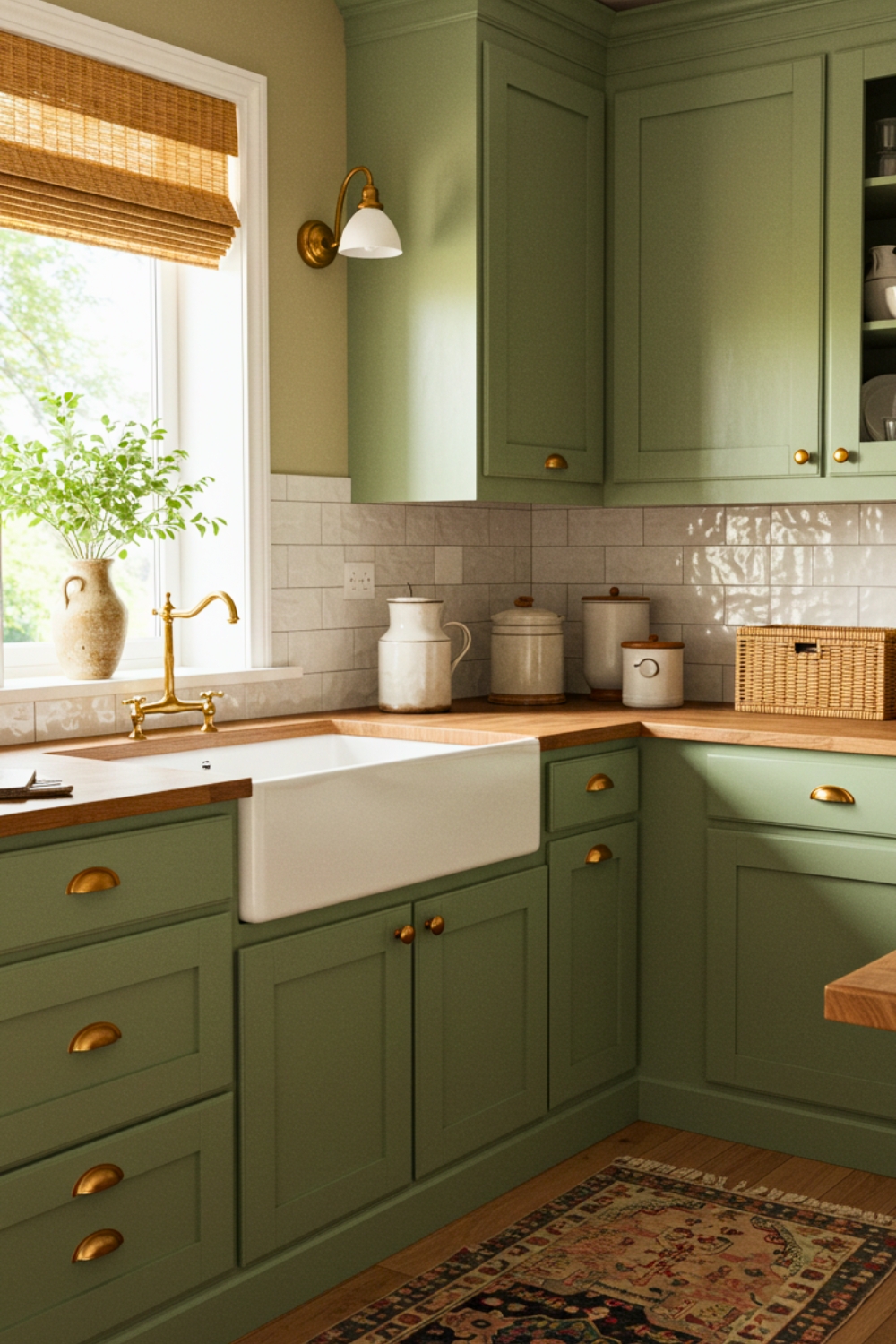 A Cozy Vintage Style Kitchen With Sage Green Shaker Cabinets