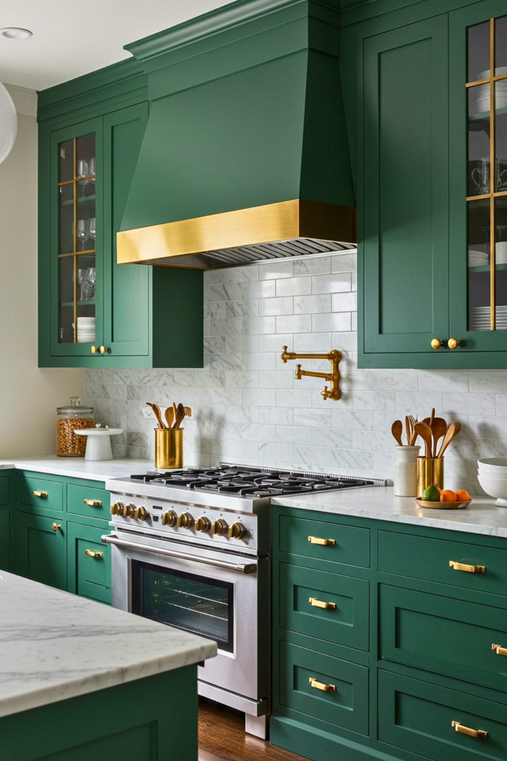 A Luxurious Green Kitchen With Deep Emerald Shaker Cabinets