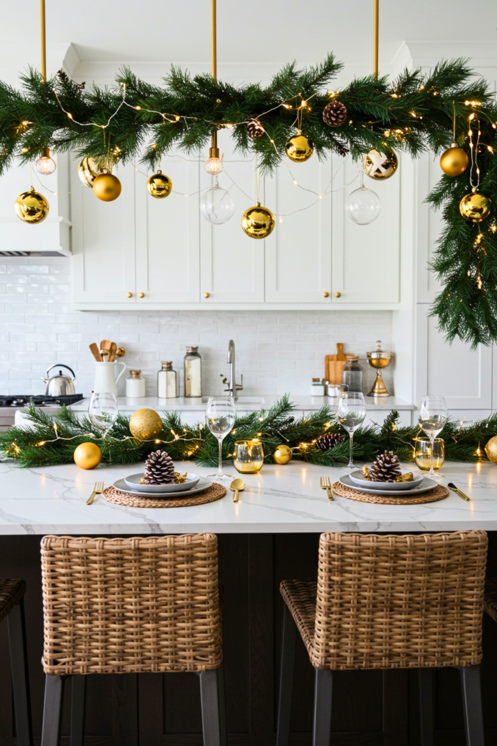 A Modern Luxury Kitchen Island Decorated For Christmas With A Garland Of Pine