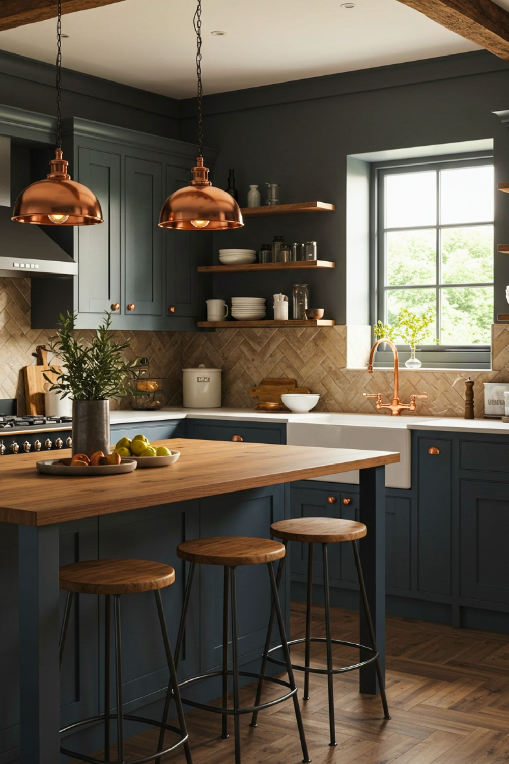 Moody Laurentian Kitchen With Deep Blue Cabinets 