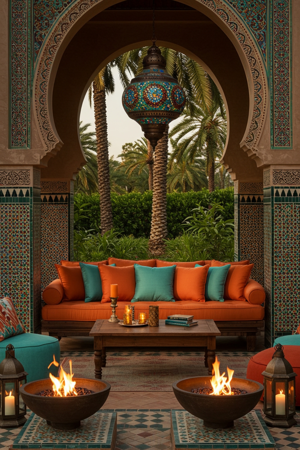 A Moroccan Inspired Outdoor Lounge Under An Ornate Archway