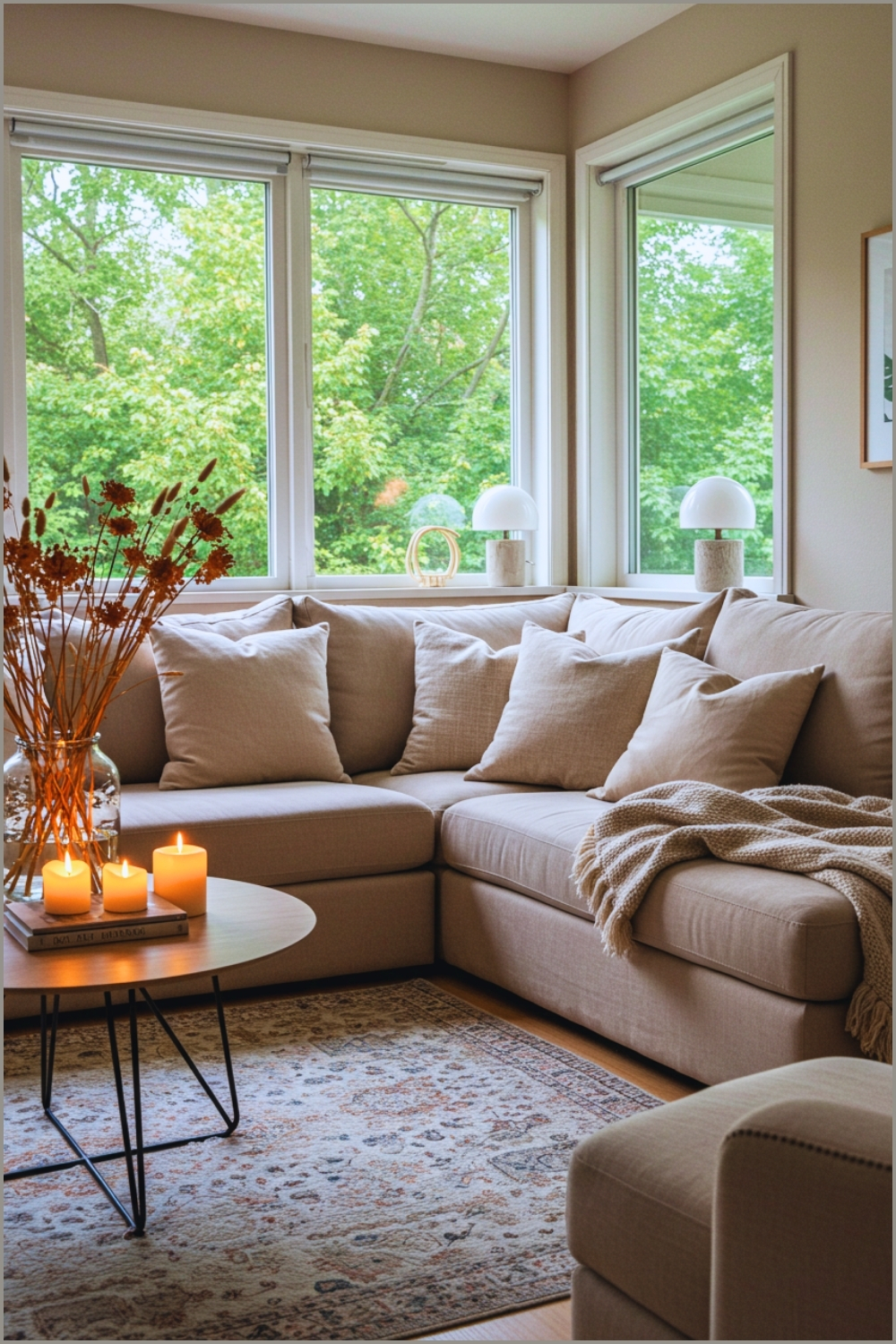 A Neutral-toned Cozy Living Room With A Beige Sectional Sofa Filled With Soft Pillows
