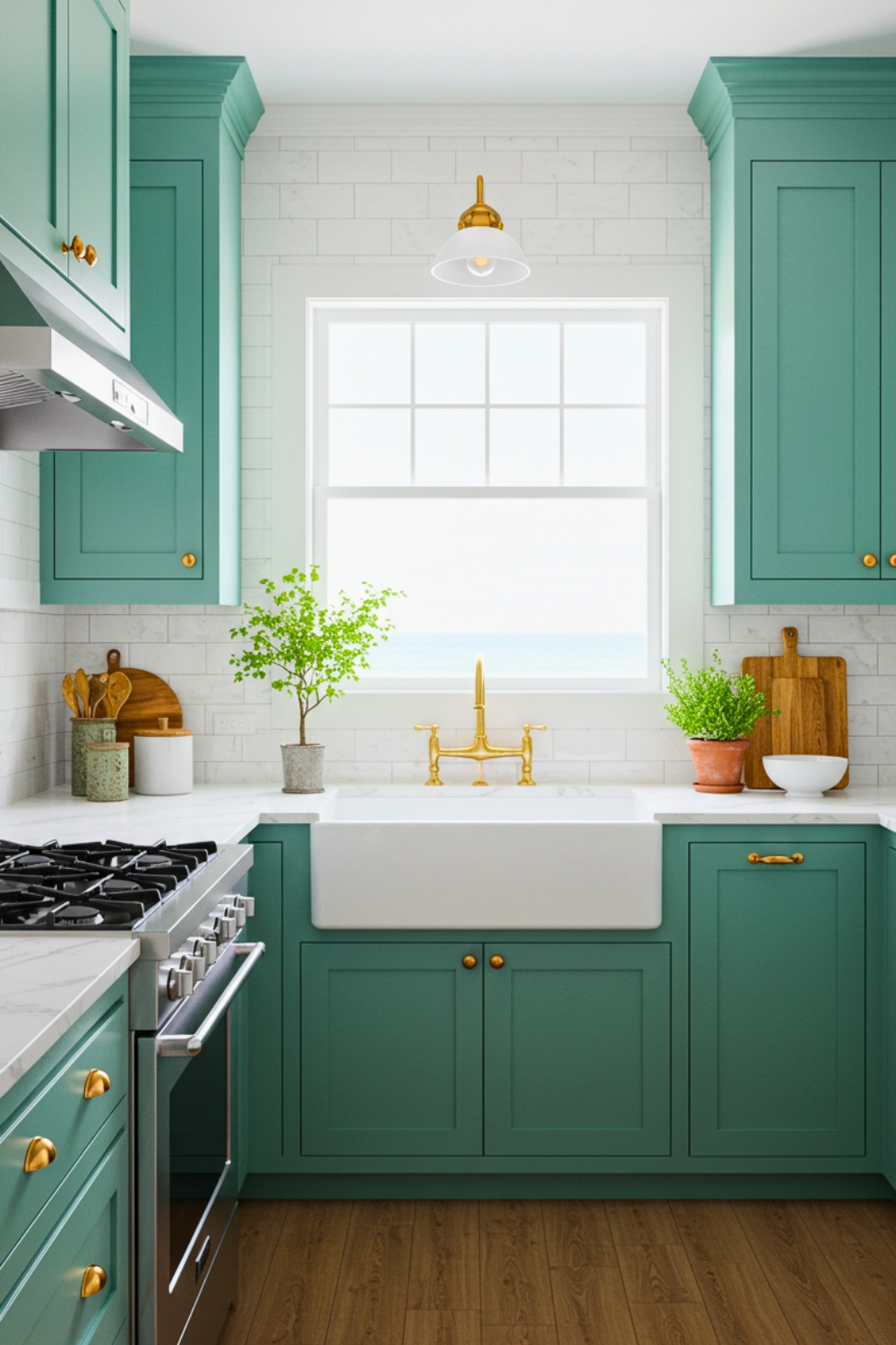 A Photorealistic Bright Coastal Kitchen With Teal Green Shaker Cabinets