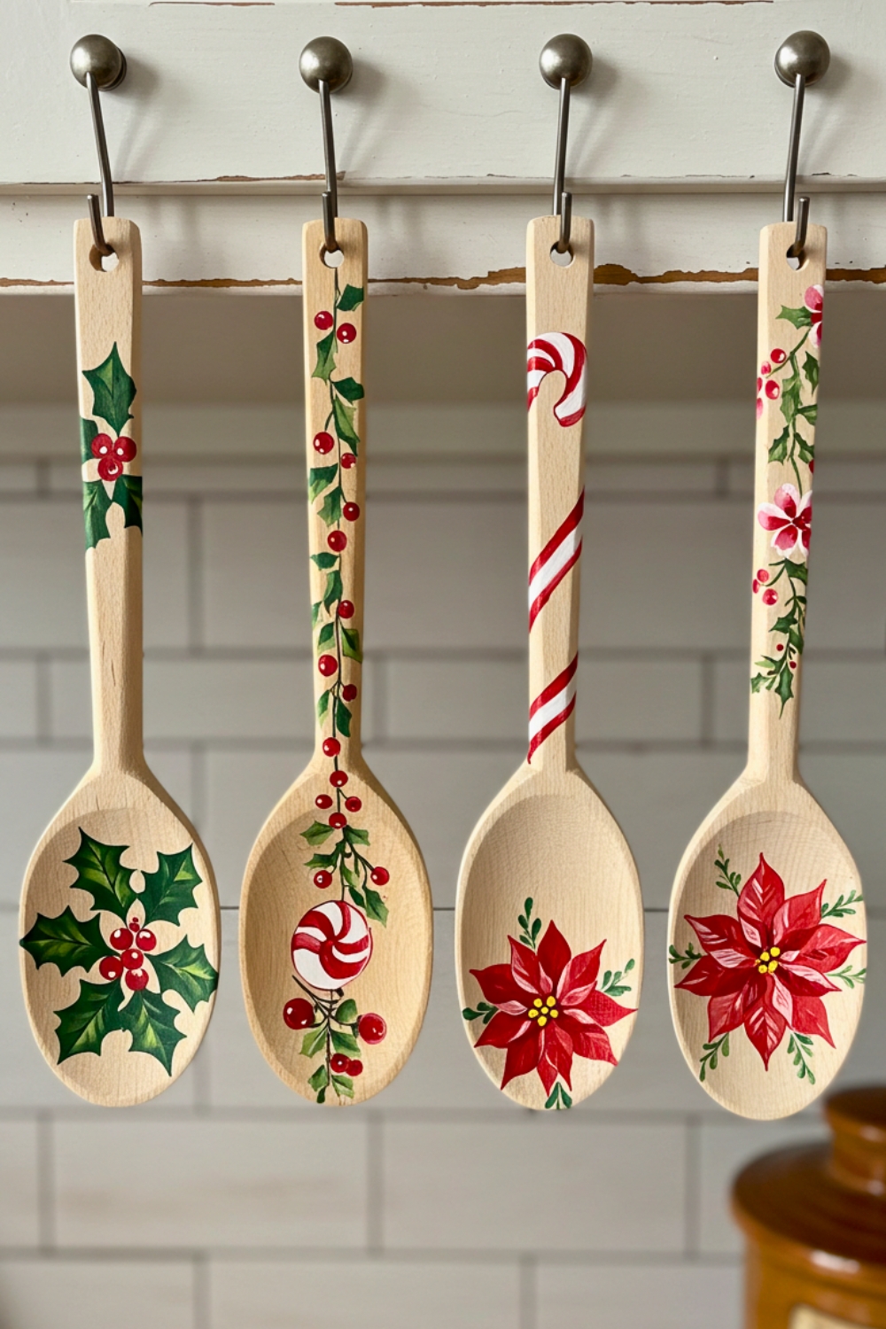 A Rustic Kitchen Display Featuring Four Hand Painted Wooden Spoons