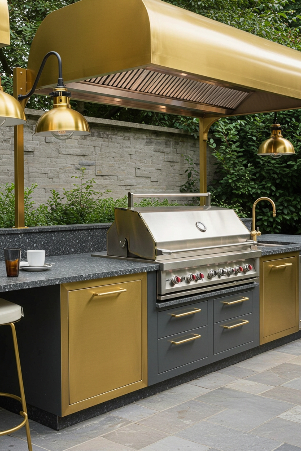 A Sleek High End Outdoor Kitchen Structure In Gold And Graphite Tones