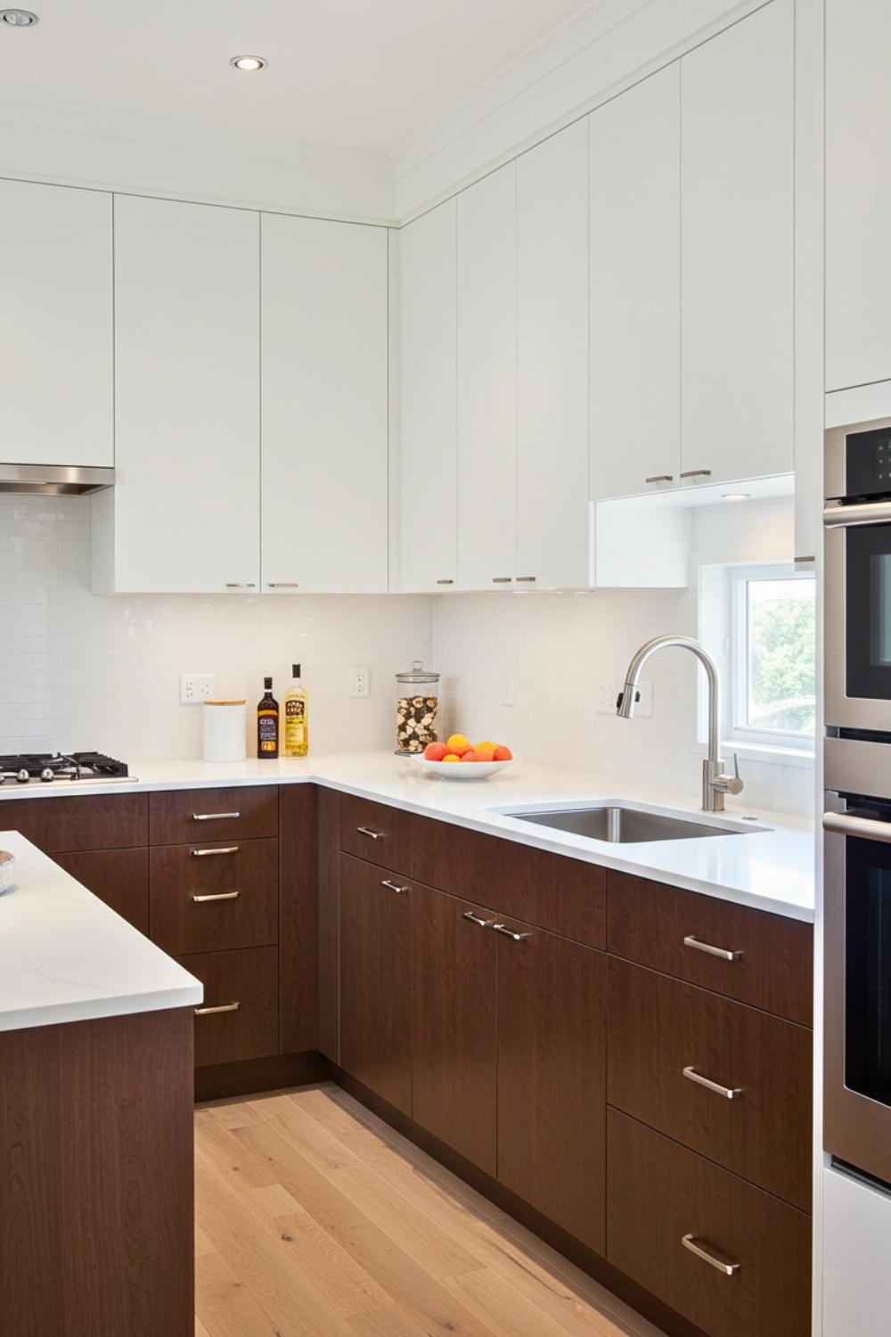 A Sleek Modern L Shaped Kitchen With Tall White Flat Panel Upper Cabinets