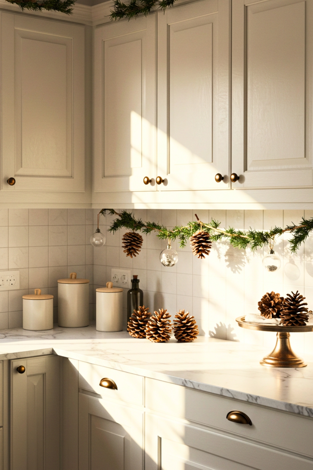 A Sunlit Kitchen With White Cabinets And A Light Marble Countertop
