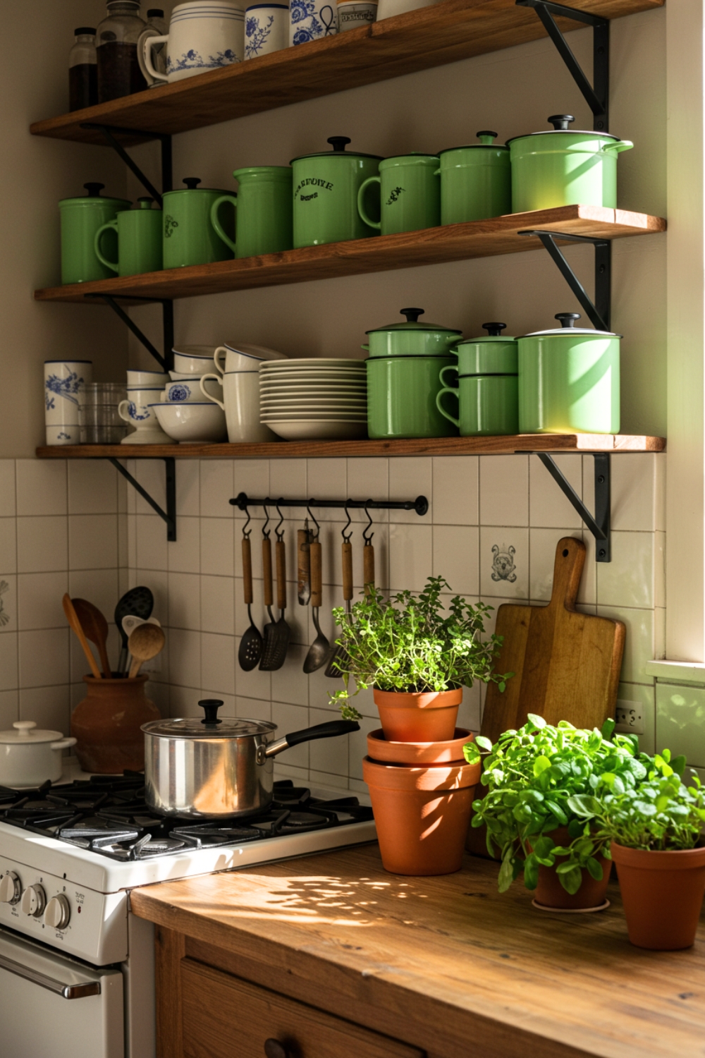 A Sunlit Vintage Kitchen With Open Wooden Shelves Supported By Black