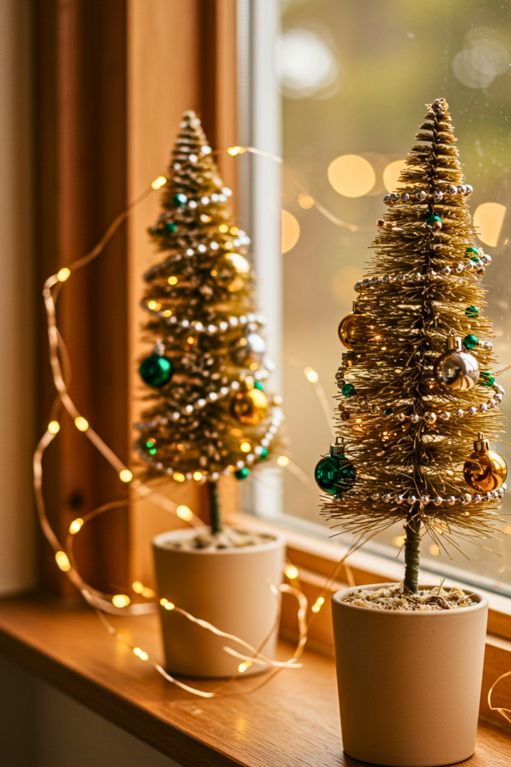 A Warm Festive Windowsill Scene With Two Small Bottle Brush Christmas Trees