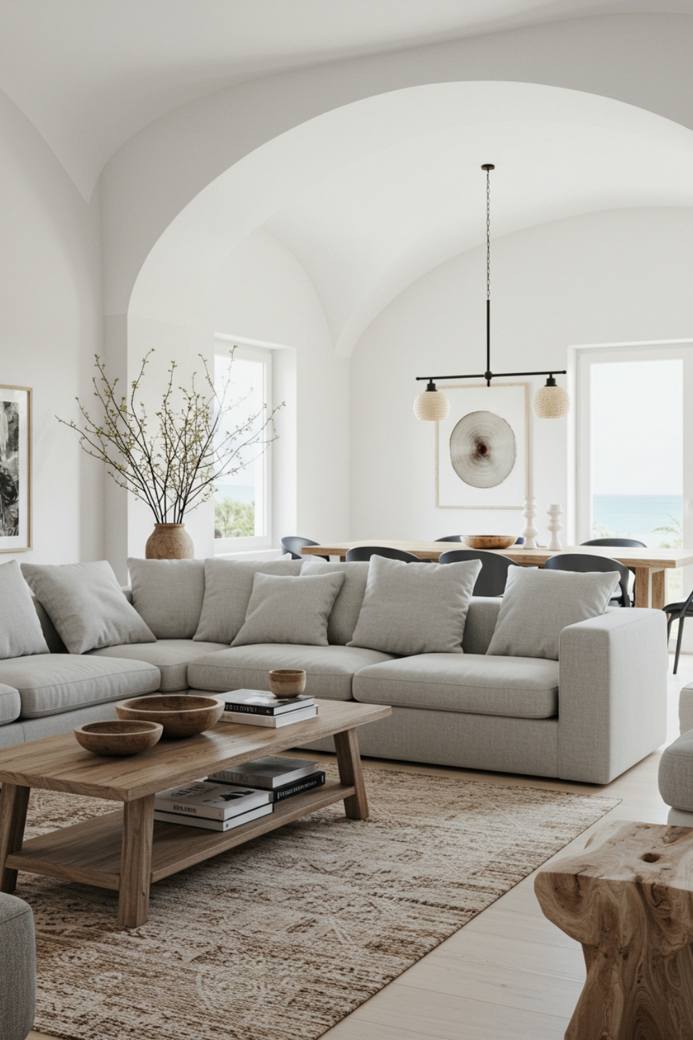 Airy Mediterranean Living Room With Arched White Ceiling 