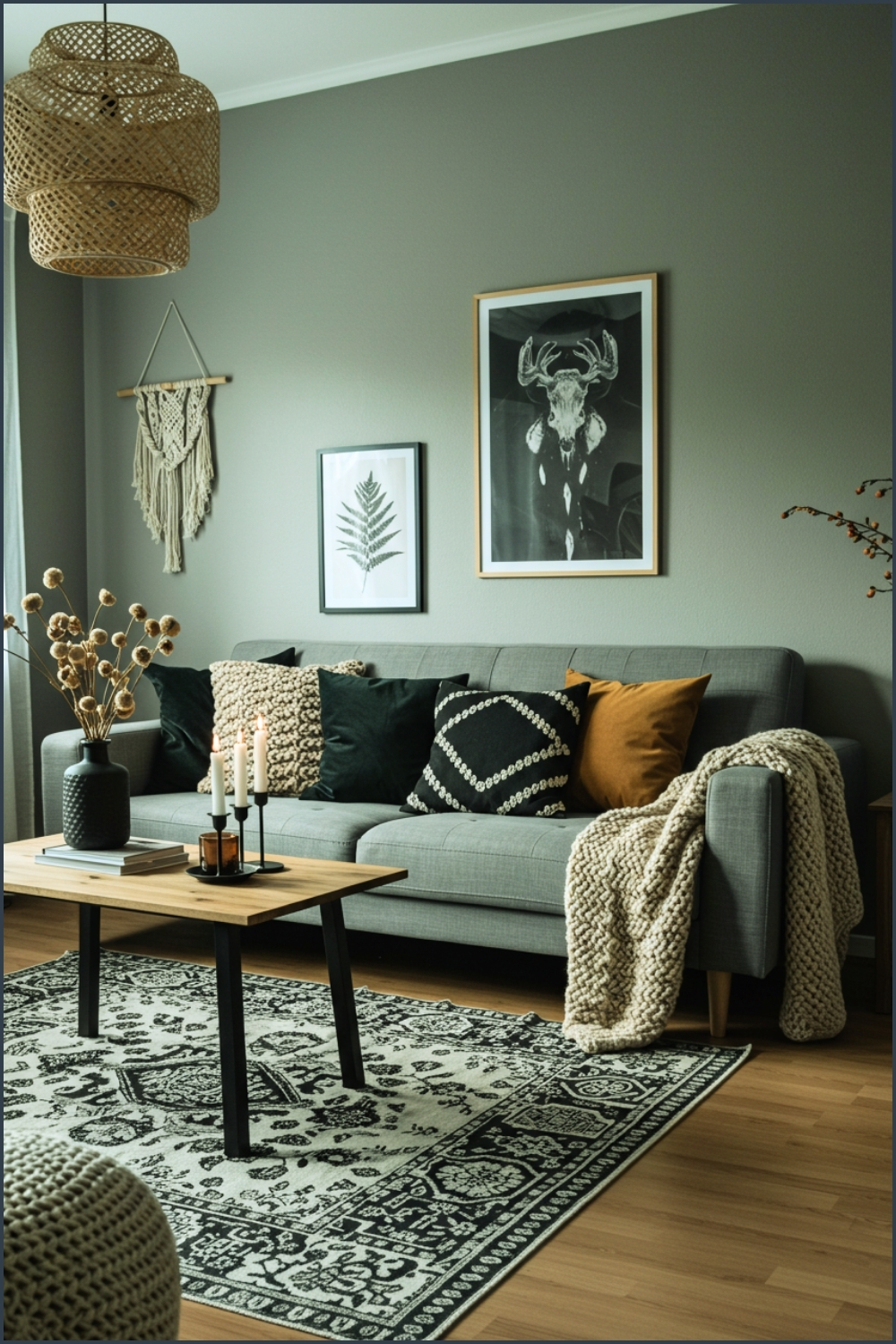 Bohemian Cozy Living Room, Grey Sofa, Black And Brown Accent Pillows