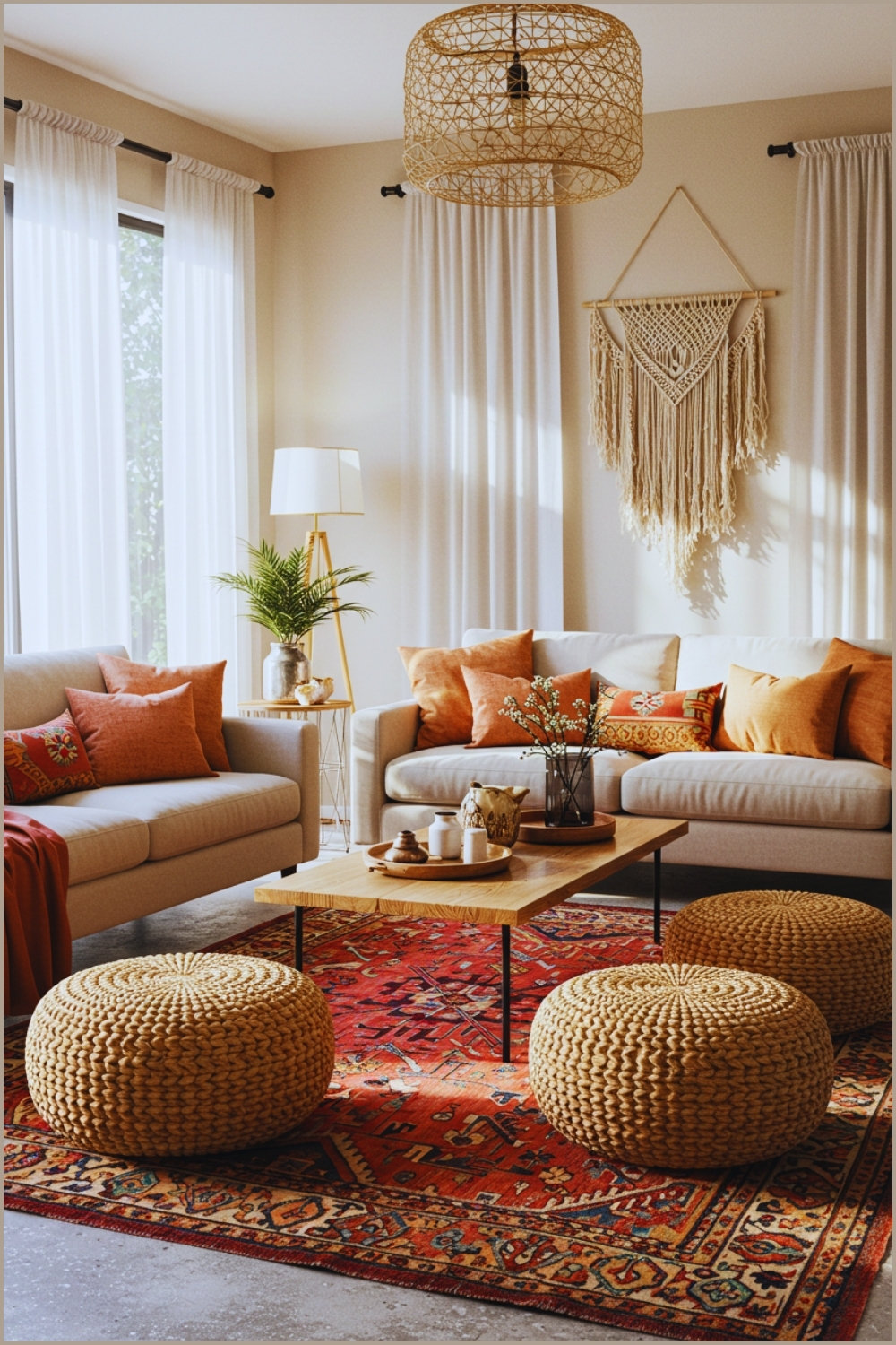 Bohemian Living Room, Soft Neutral Sofas With Colorful Pillows