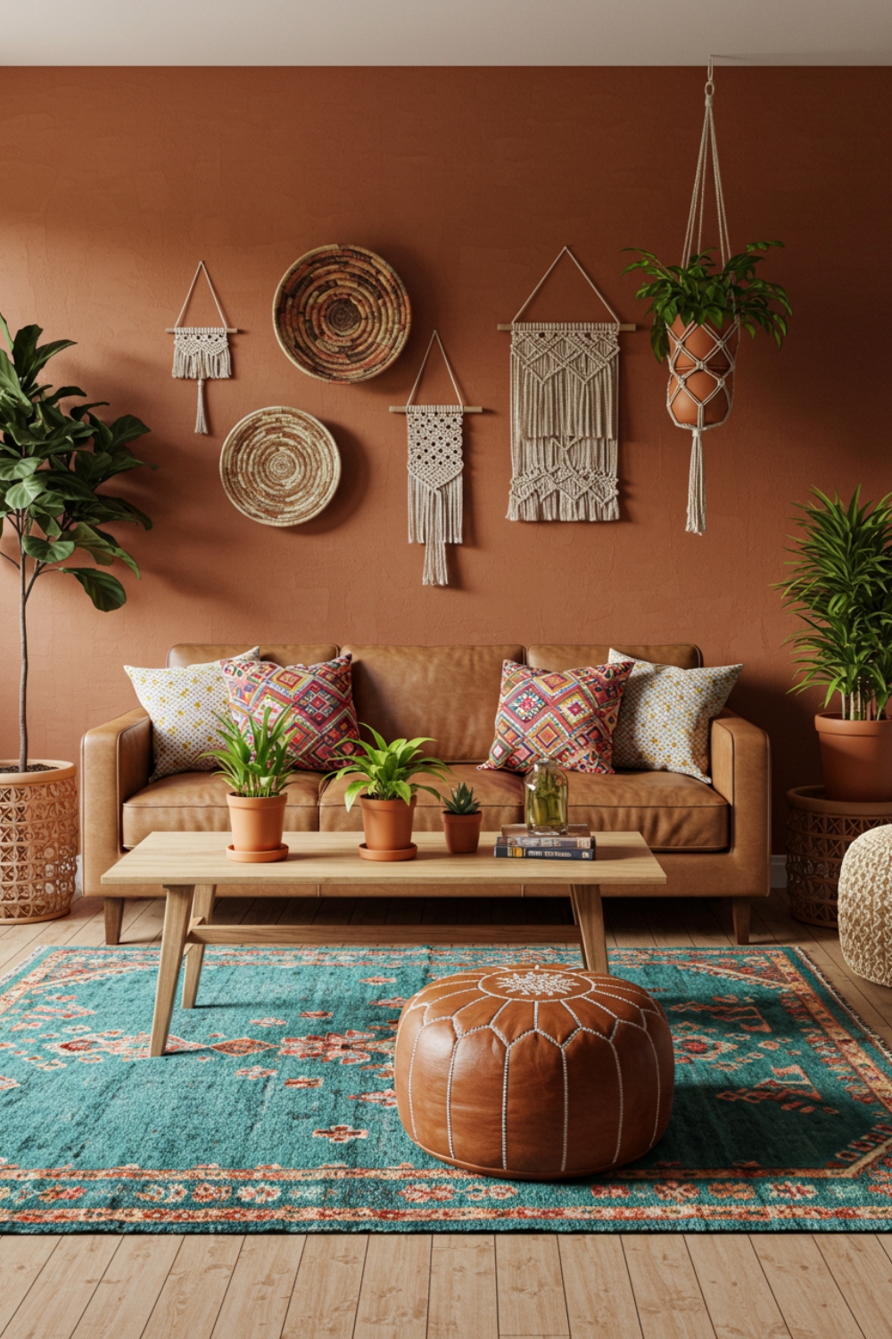 Bohemian Living Room With Terracotta Walls Earthy Brown Leather Sofa