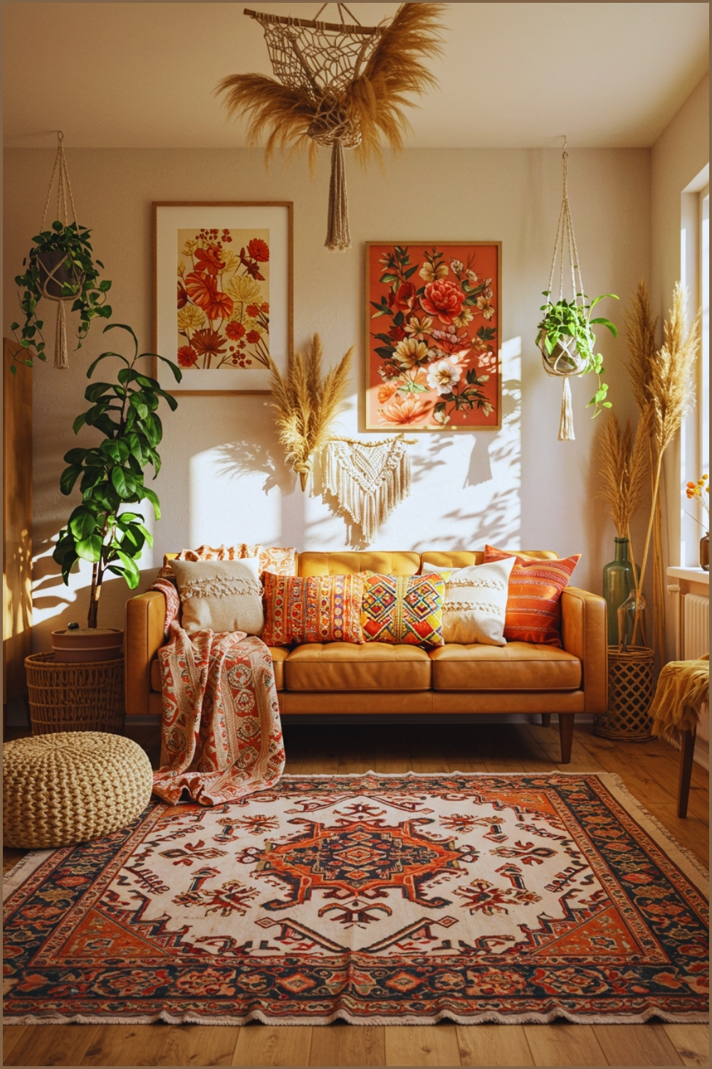 Bohemian Living Room With Warm Earthy Tones, Tan Leather Sofa With Colorful Patterned