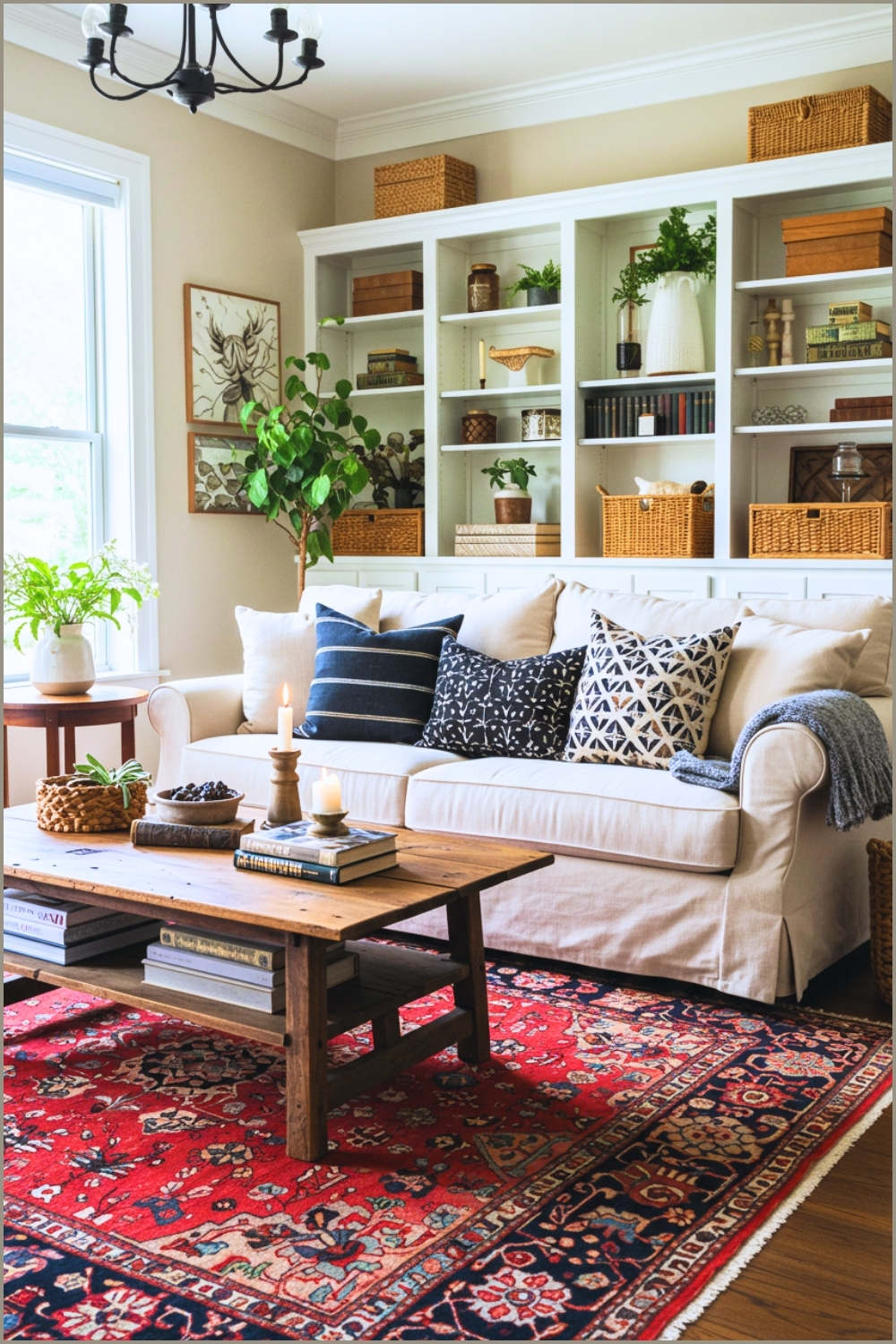 Boho Cozy Living Room With Cream Sofa, Dark Accent Pillows, Vintage Red Rug