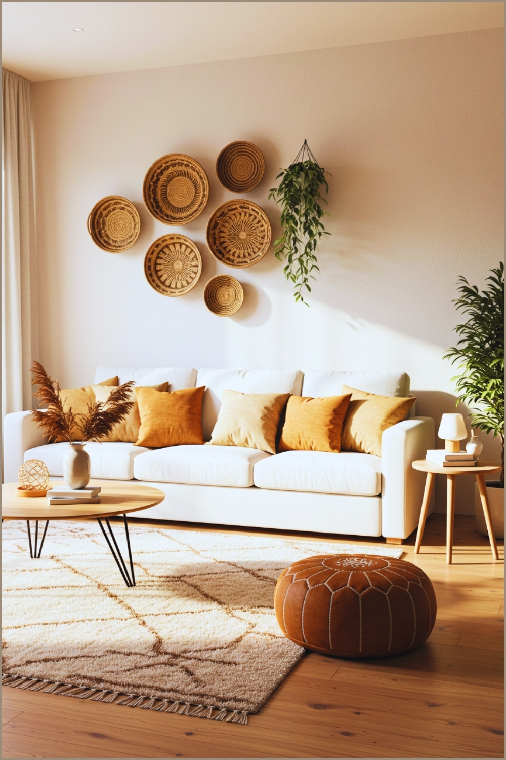 Boho Minimalist Living Room, White Sofa With Warm-toned Pillows In Earthy Shades