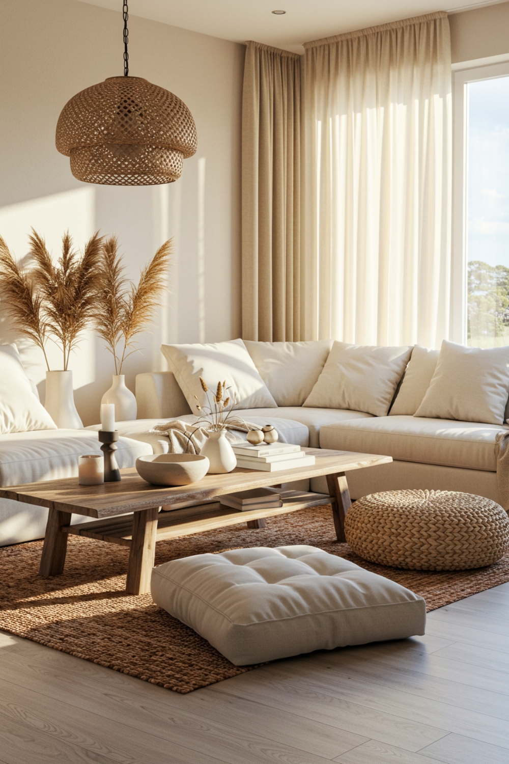 Boho Minimalist Living Room With White Sofa And Floor Cushions 