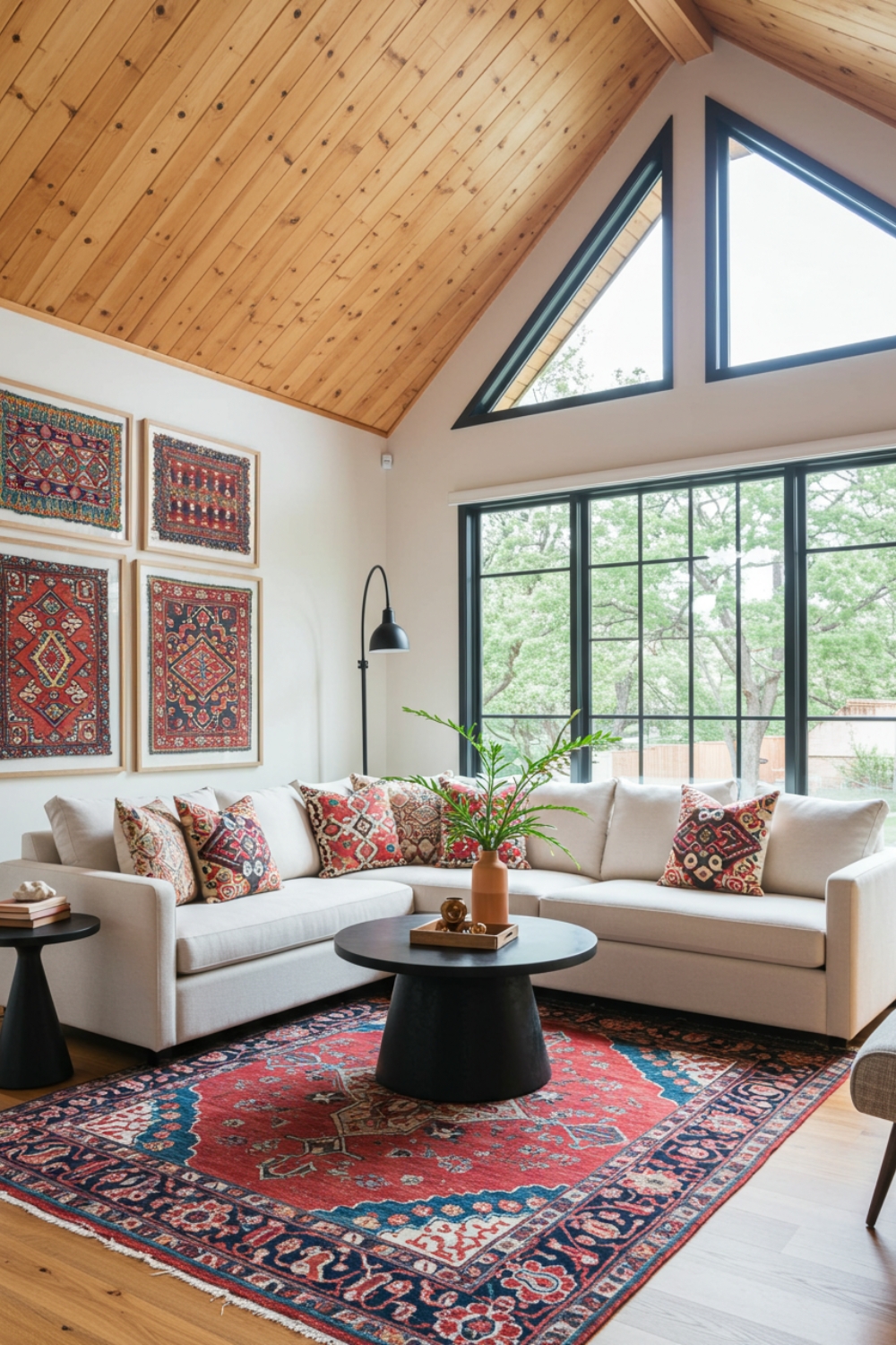 Boho Modern Living Room With Vaulted Wooden Ceiling 