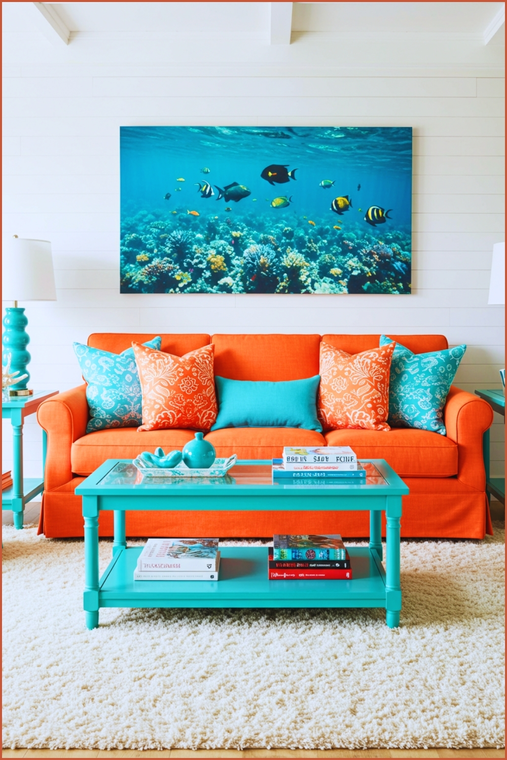 Bold Coastal Living Room With Bright Coral Orange Sofa