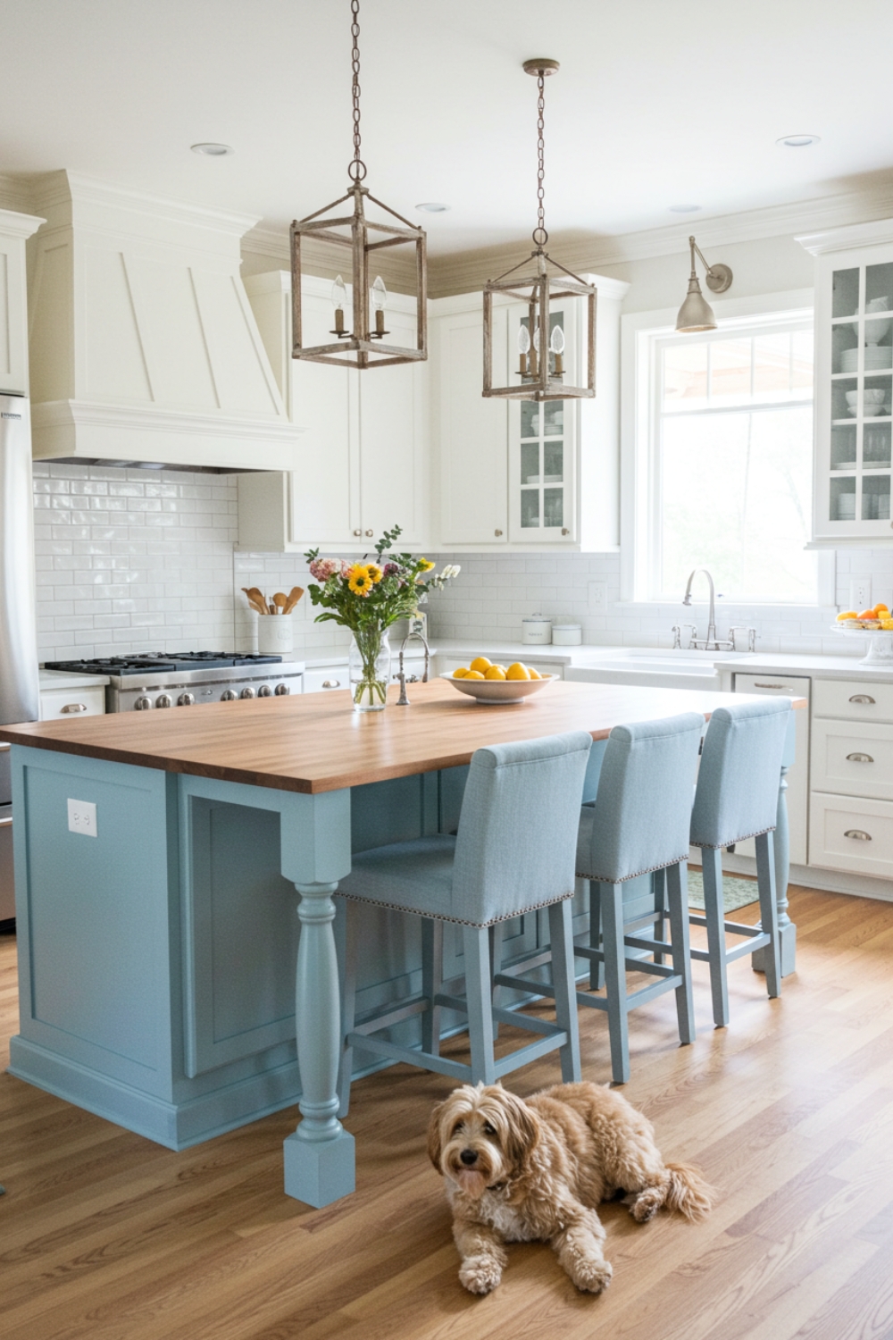 Bright Airy White Kitchen With Pale Blue Island Centerpiece