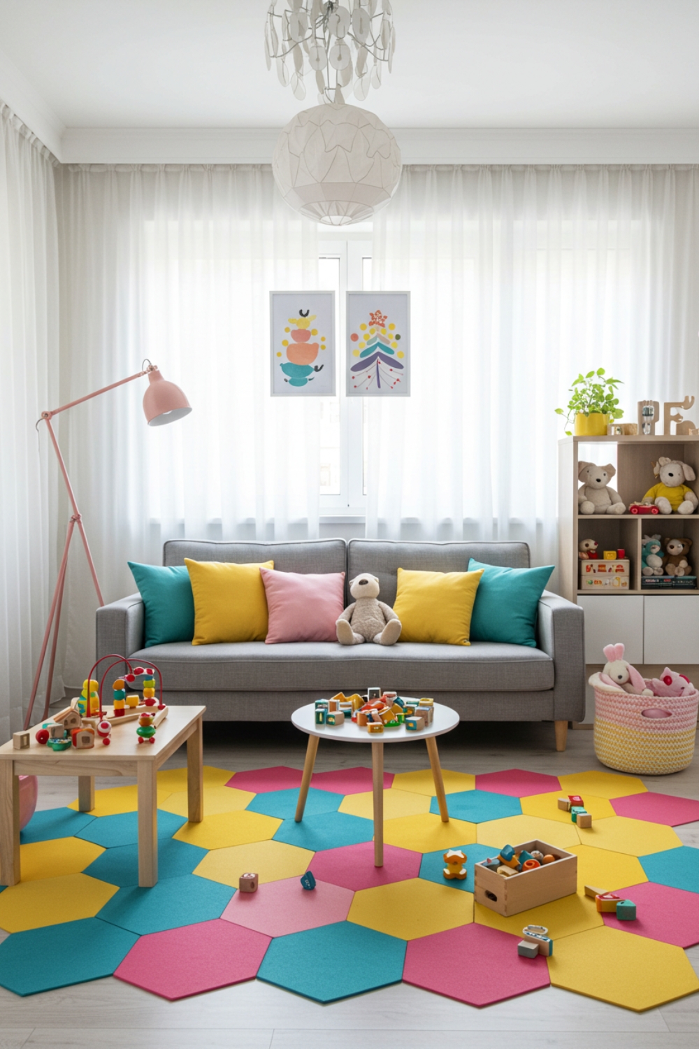 Kids Playroom With Colorful Pillows And Gray Sofa 
