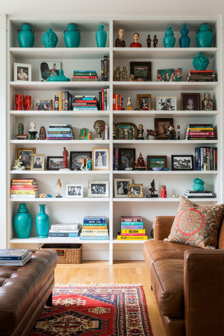 Bright And Vibrant Living Room Featuring A Large White Bookshelf Filled With Colorful Books