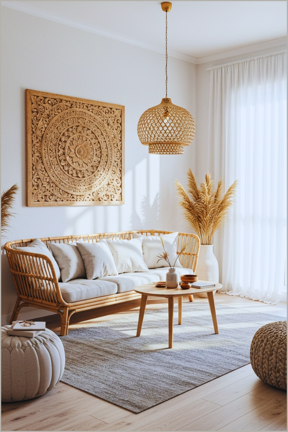 Bright Boho Living Room With White Walls, Natural Rattan Furniture