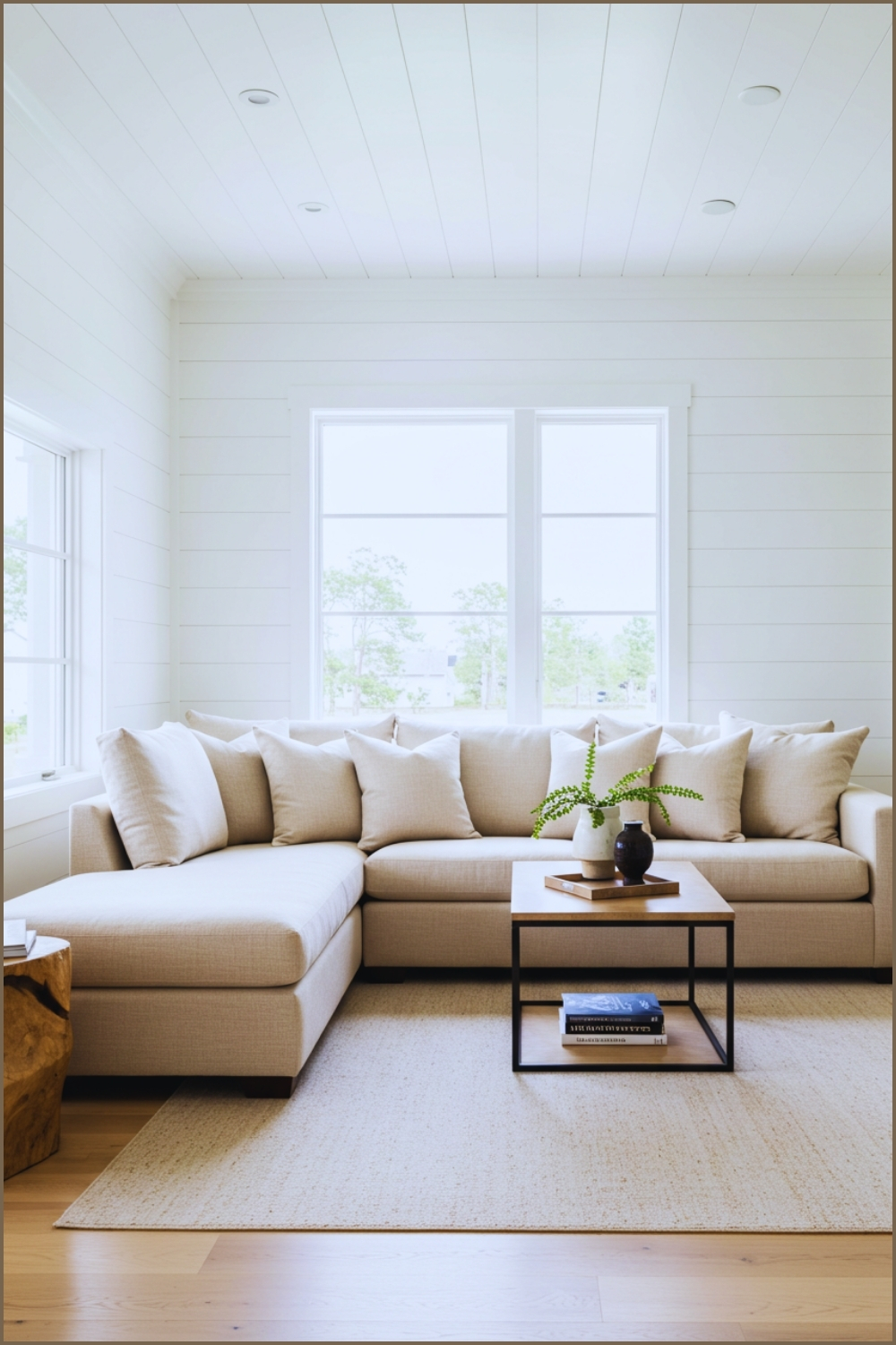 Bright Coastal Farmhouse Living Room With White Shiplap Walls