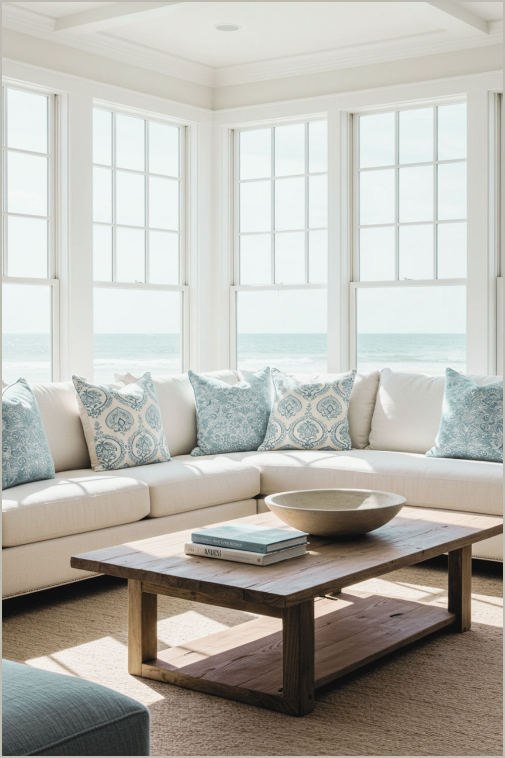 Bright Coastal Living Room With Large Windows White Sectional Sofa