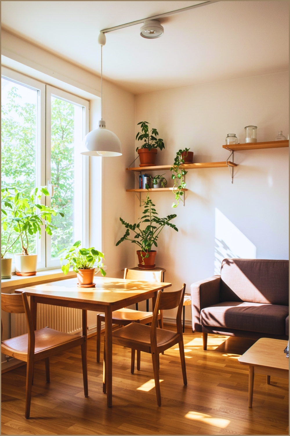 Bright Compact Living Room With Simple Wooden Dining Table And Two Chairs