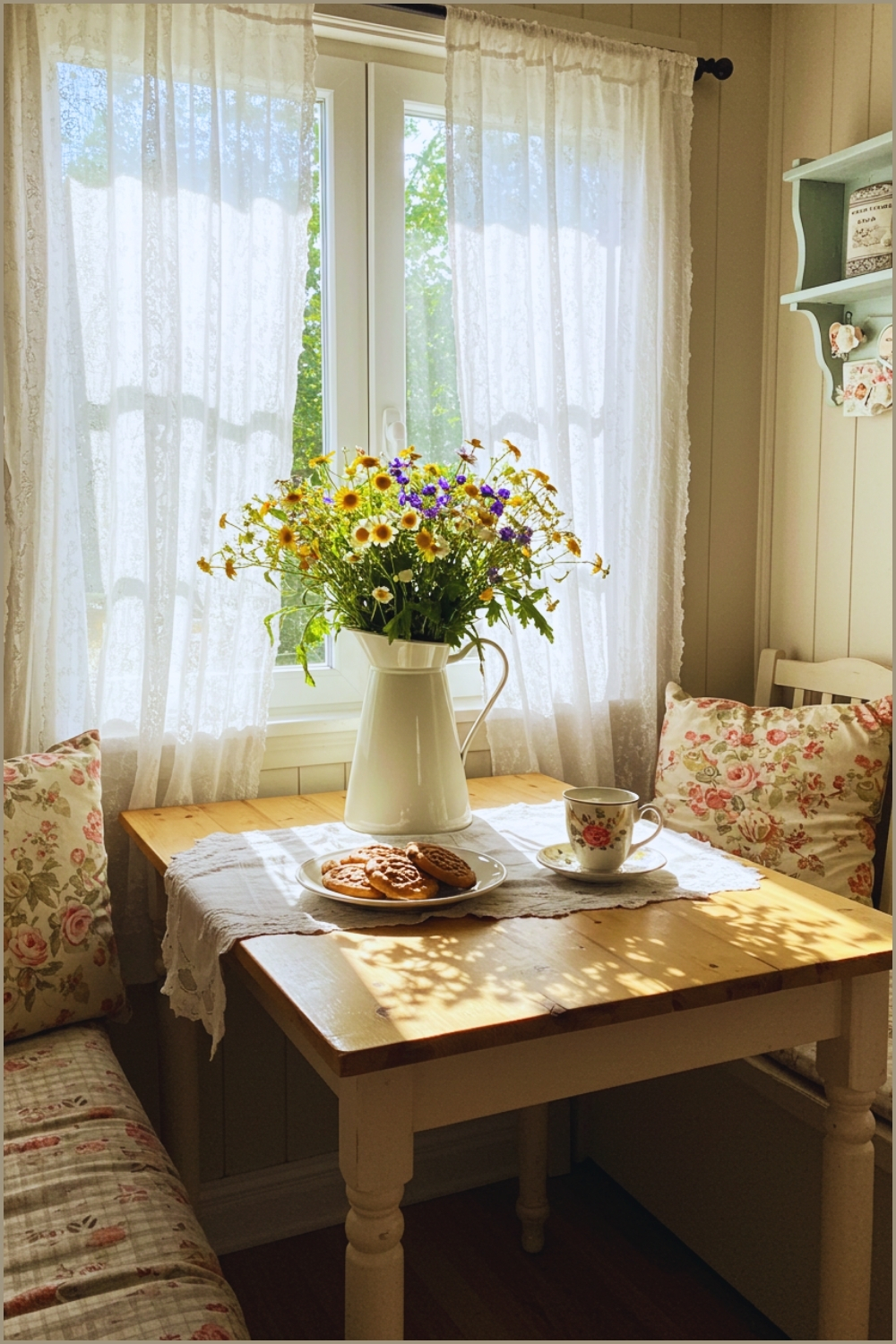 Bright Cottage Kitchen Nook, Sunlight Streaming Through Lace Curtains