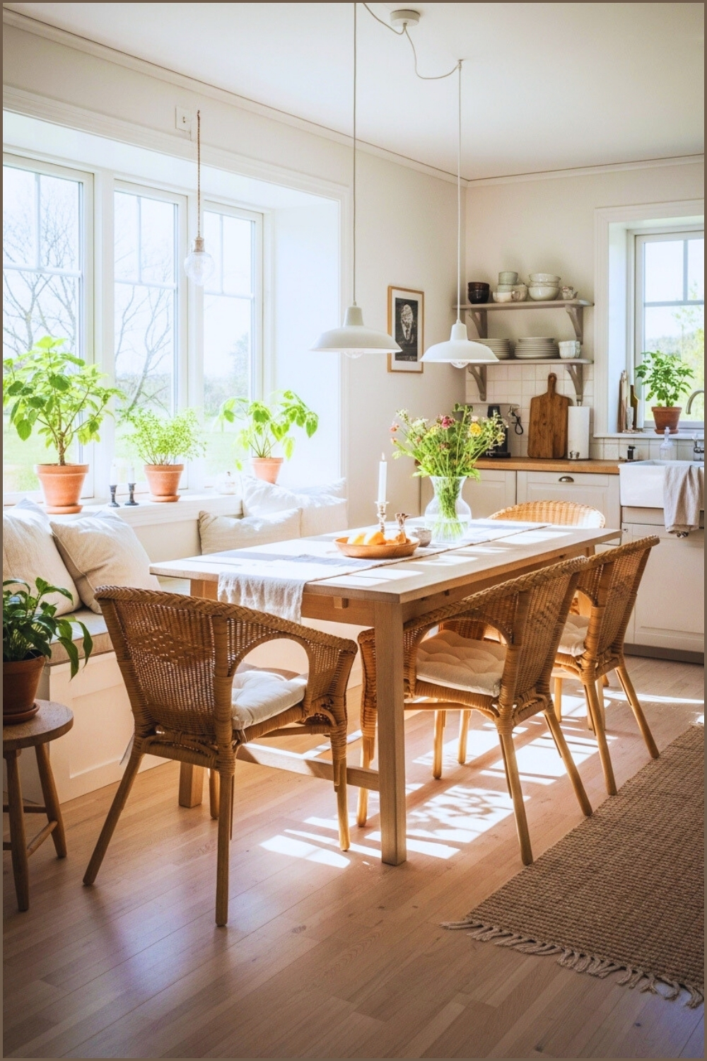Bright Cozy Kitchen Dining Area Natural Sunlight Large Windows Indoor Plants