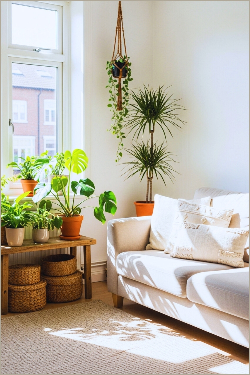 Bright Cozy Living Room Filled With Indoor Plants Natural Sunlight White