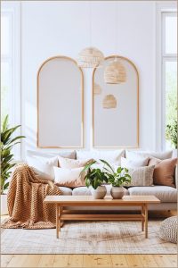 Bright Cozy Living Room Large Arched Mirrors Natural Sunlight White Walls